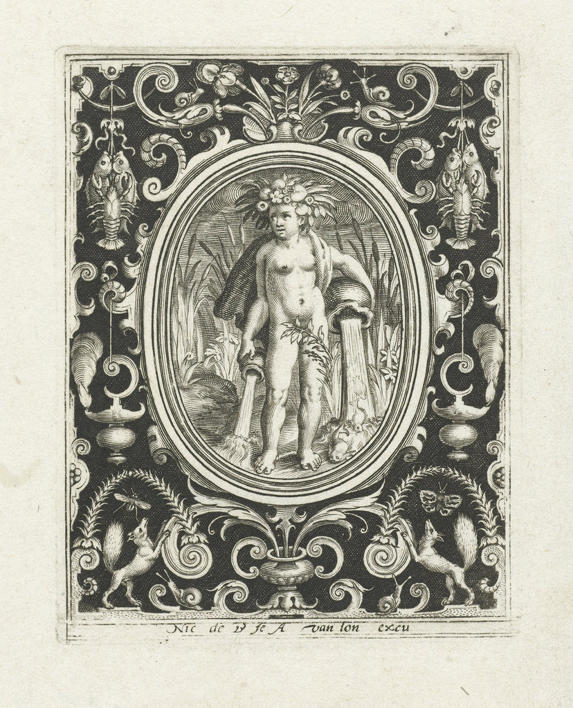 Detail of Element water as a young man with vases from which water flows by Assuerus van Londerseel