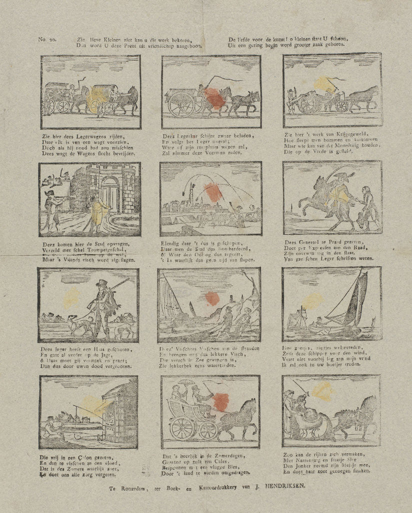 Detail of Vehicles, hunters and fishermen, under each picture a four-line verse by Jan Hendriksen