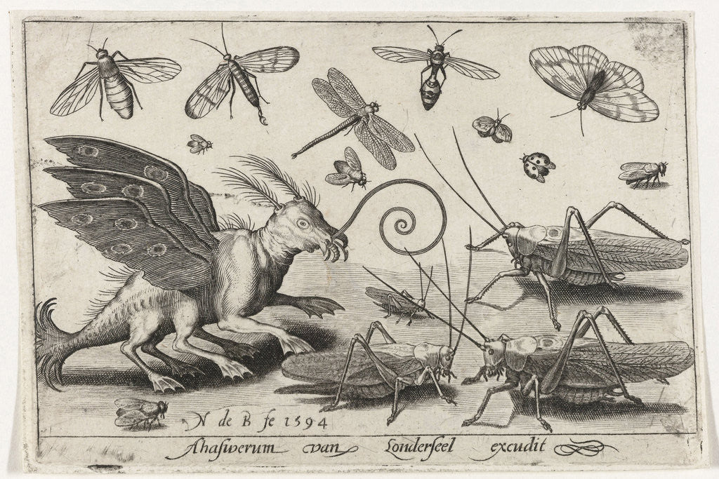 Detail of Locusts and fantasy creature with wings and webbed by Nicolaes de Bruyn