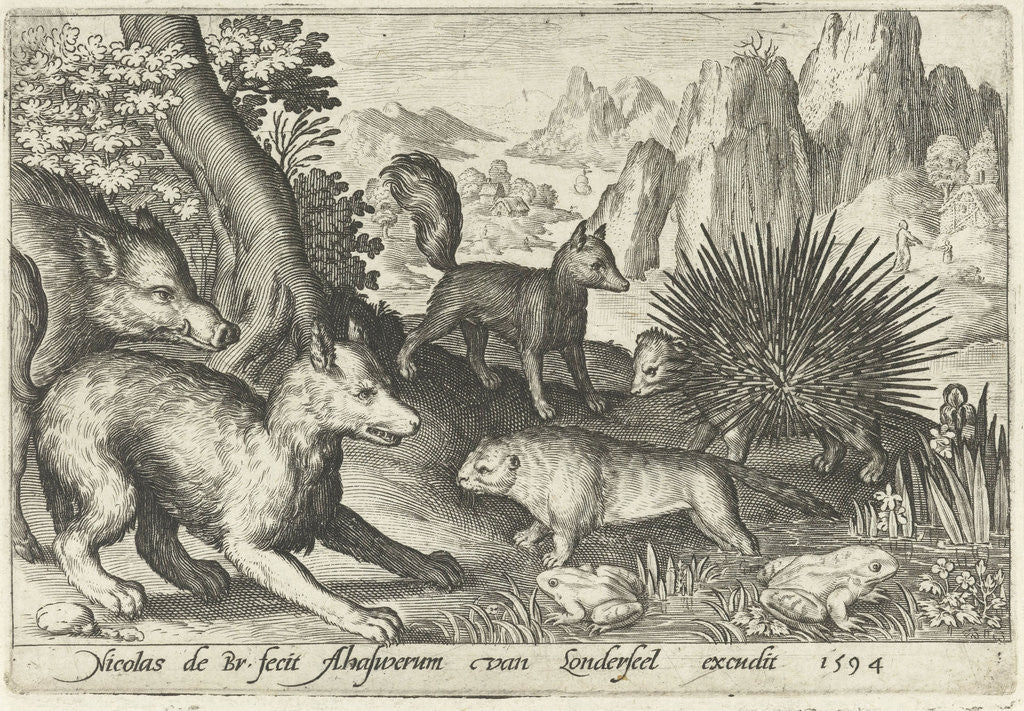 Detail of Wild boar, fox, beaver, porcupine in Frogs by Nicolaes de Bruyn