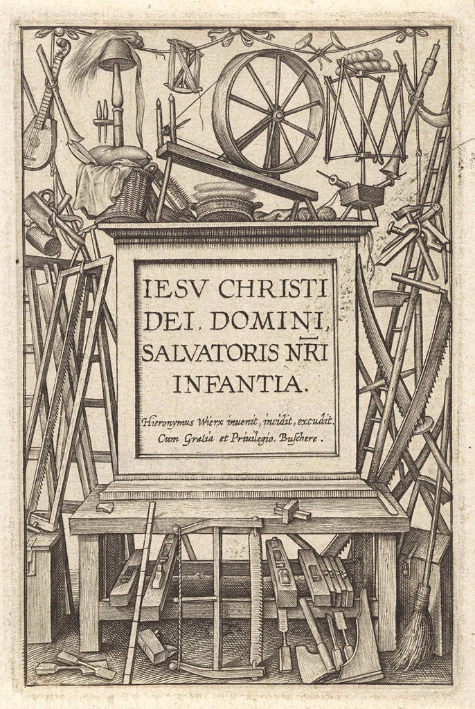 Detail of Workbench with tools by Hieronymus Wierix