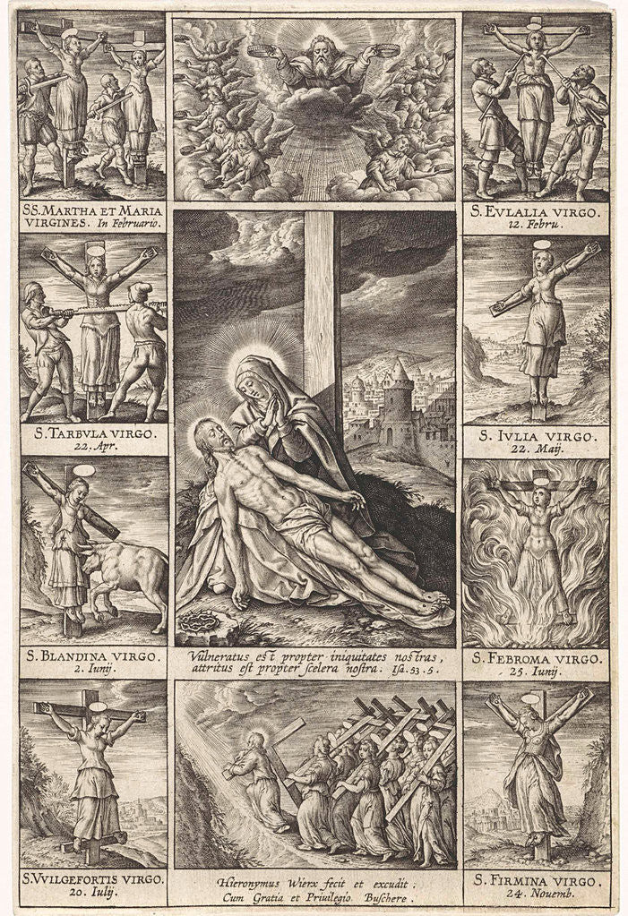 Detail of Pieta surrounded by scenes of crucified martyrs by Hieronymus Wierix