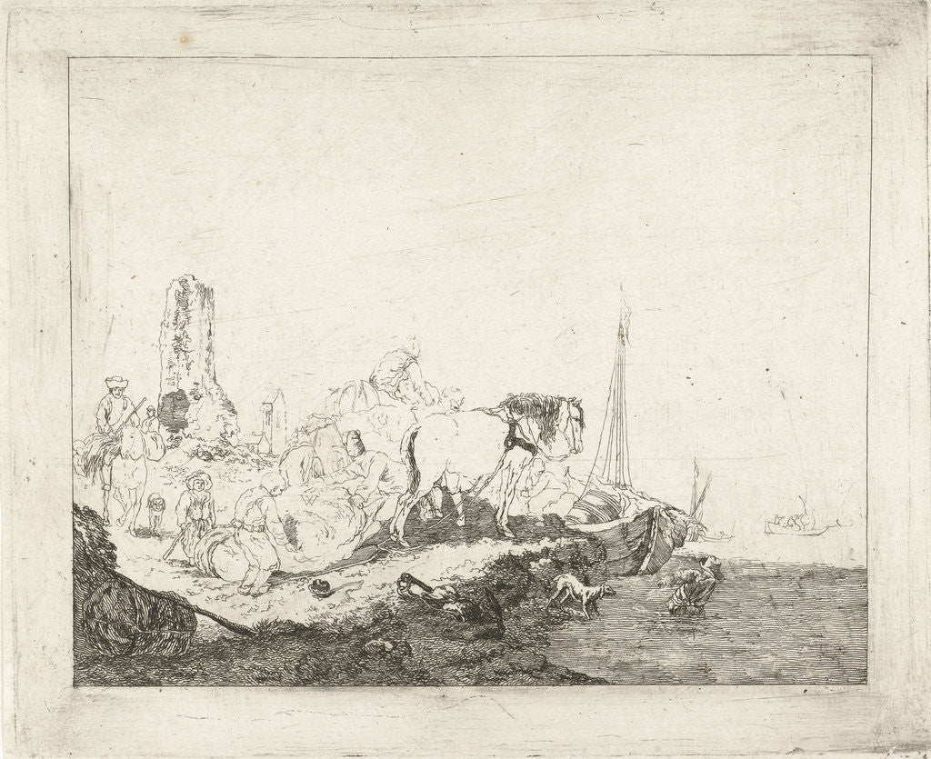 Detail of Beach Scene with man and dog in water by Joannes Bemme