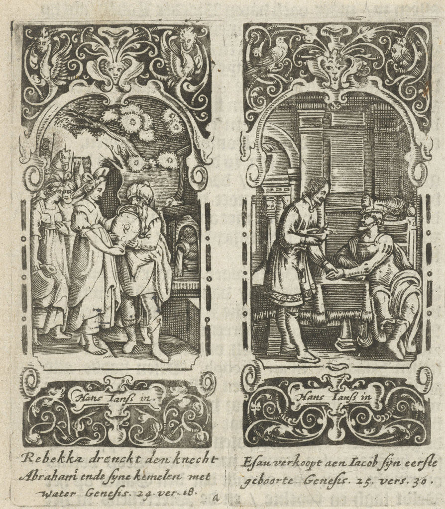 Detail of Rebecca and Eliezer at the well, Esau sells his birthright by Anonymous