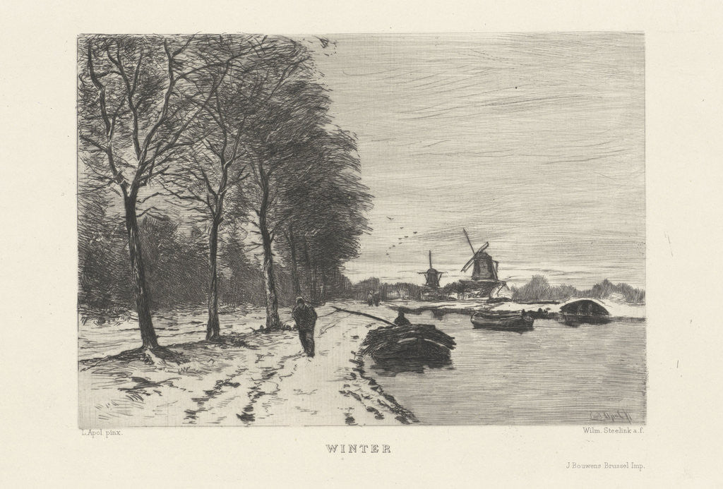 Detail of Winter landscape with speed and mills by M.M. Olivier