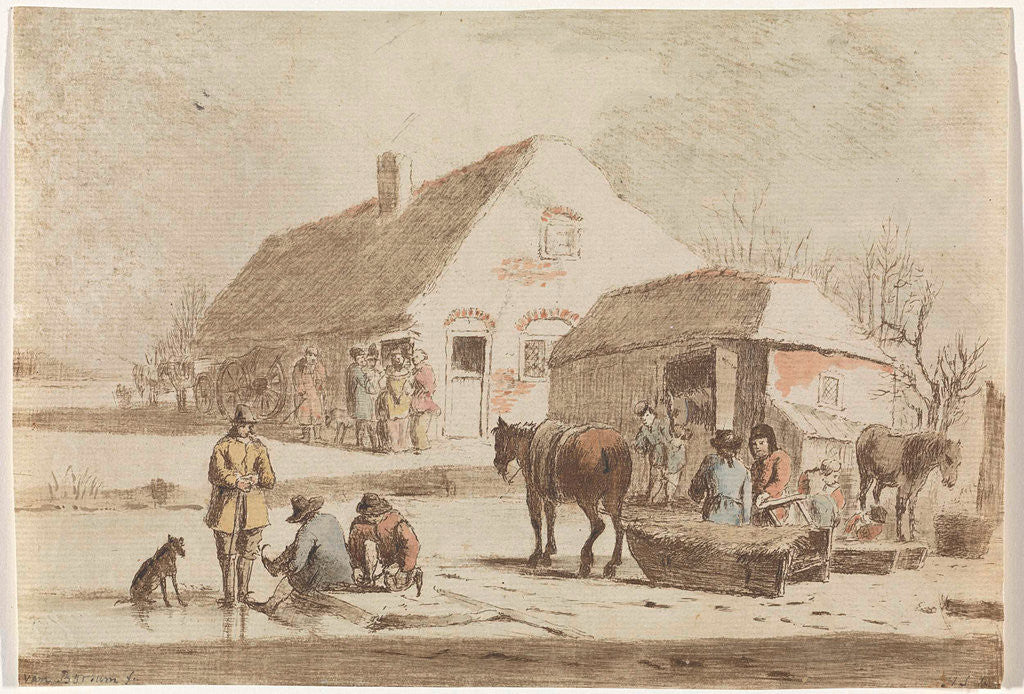 Detail of Skaters and a sledge at a farm by Hendrik Spilman