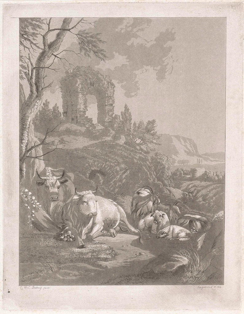 Detail of Cows, goats and sheep in a mountainous landscape with ruins by Diederik Jan Singendonck