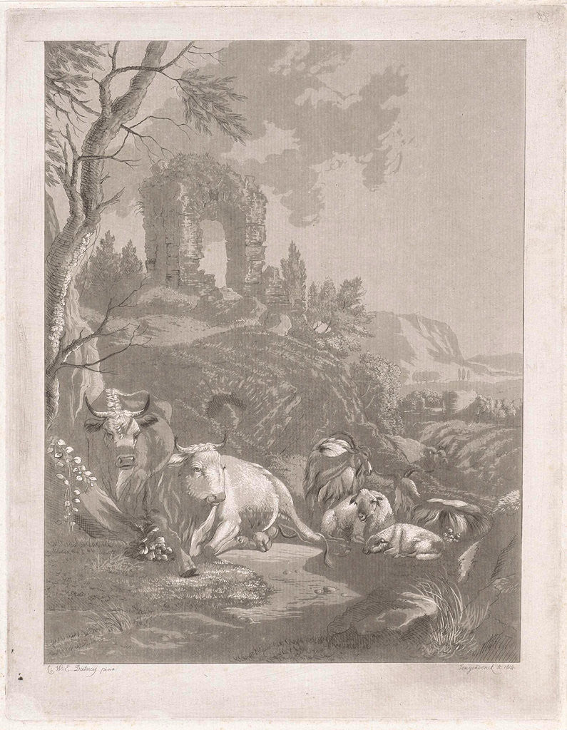Detail of Cows, goats and sheep in a mountainous landscape with ruins by Diederik Jan Singendonck