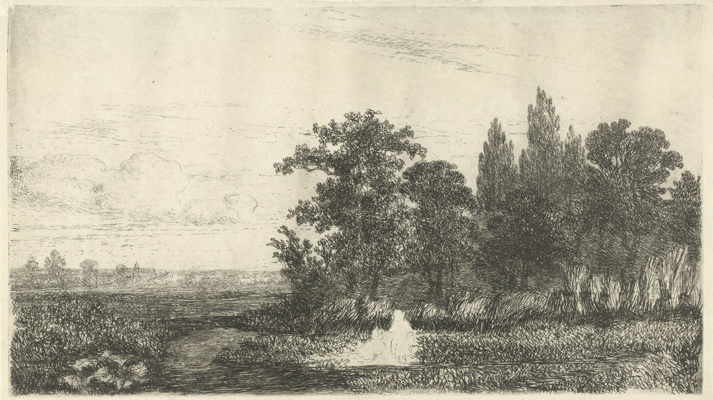 Detail of Man and woman at a stream at a forest edge by Hermanus Jan Hendrik van Rijkelijkhuysen