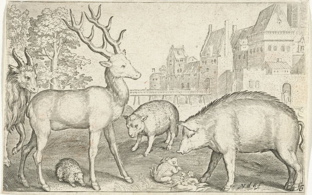 Detail of Hart, hedgehog, sheep, pig and frog by Nicolaes de Bruyn