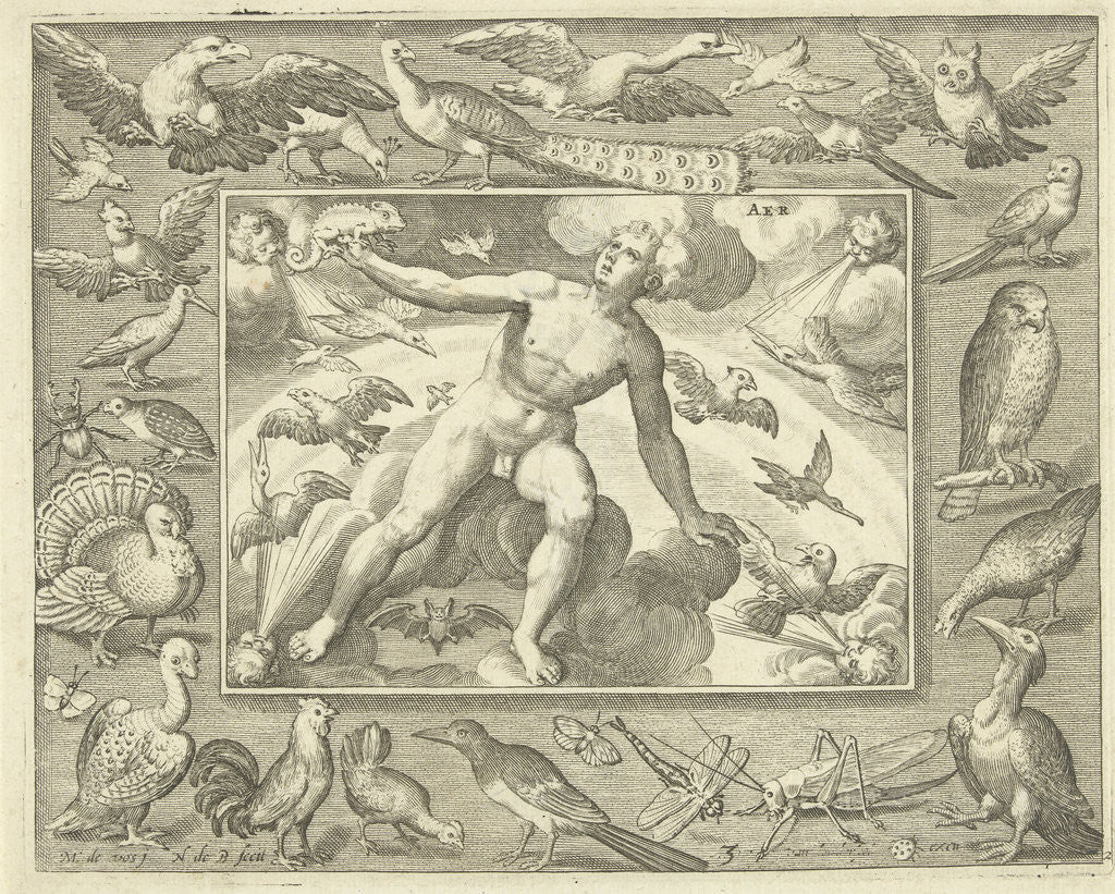 Detail of Element air as a young man on clouds between flying birds by Maerten de Vos