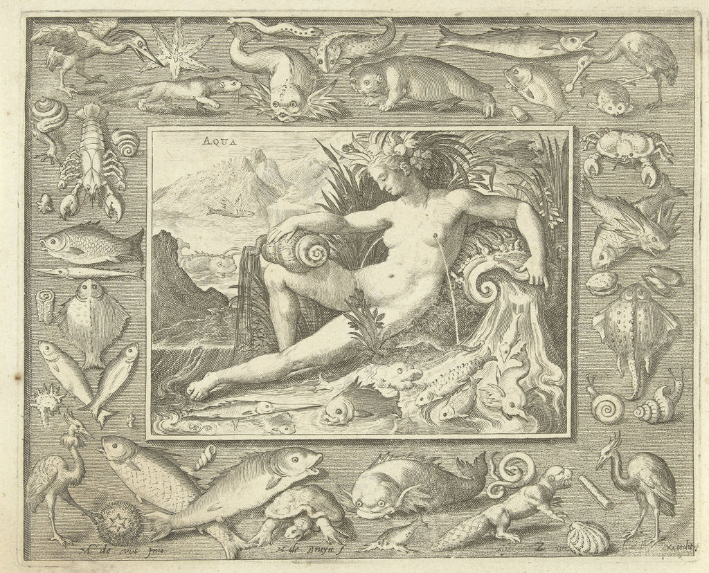 Detail of Element water as naked woman sitting near a well with fish, water flowing from her breasts by Nicolaes de Bruyn