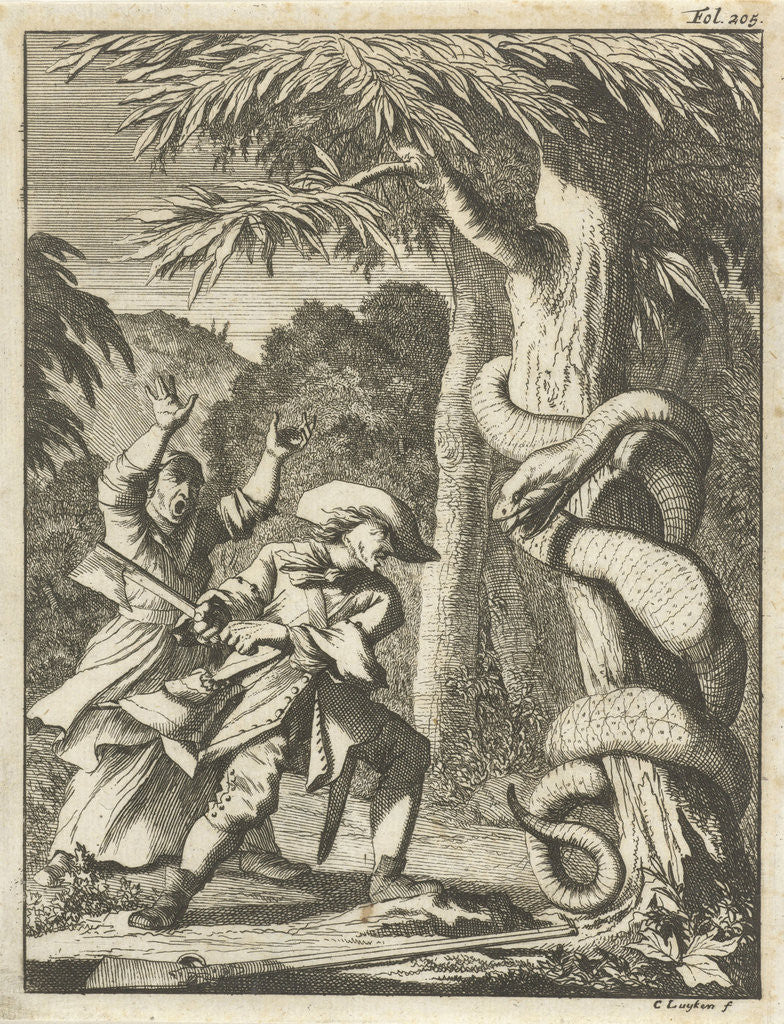 Detail of Giant Serpent, wound around a tree, attacked by a man with ax by Willem van de Water