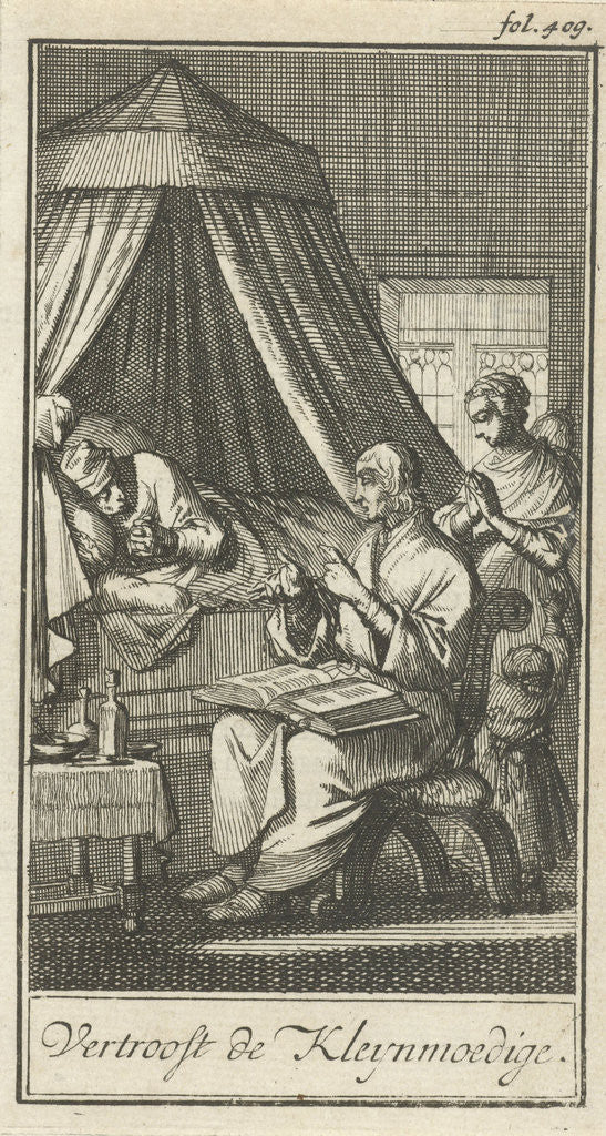 Detail of Praying figures at the bedside of a sick person by Barent Bos