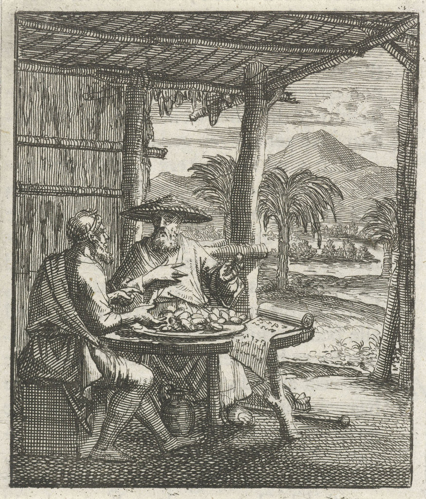 Detail of Hermit and his visitor sit in an open cabin at a table by Aart Wolsgrein