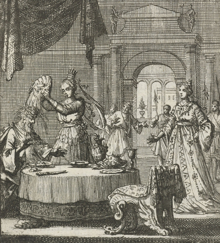 Detail of Queen turns a plate of food over above the head of her husband by Aart Wolsgrein