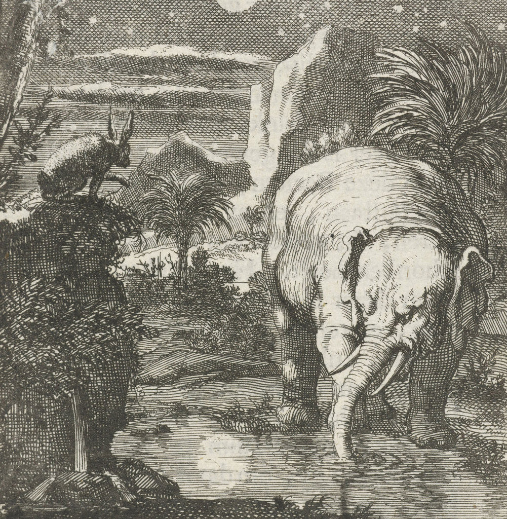 Detail of Hare and elephant with a full moon near a spring by Aart Wolsgrein