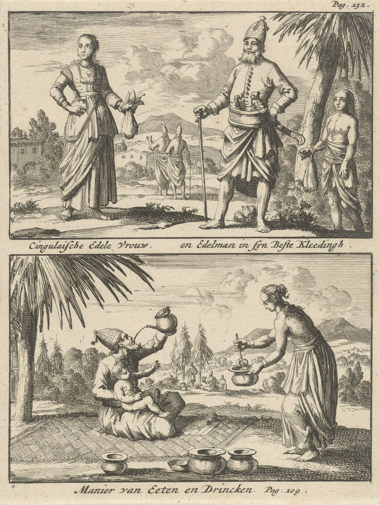 Detail of Sinhalese nobleman and noblewoman, way of eating and drinking of the Sinhalese by Willem Broedelet