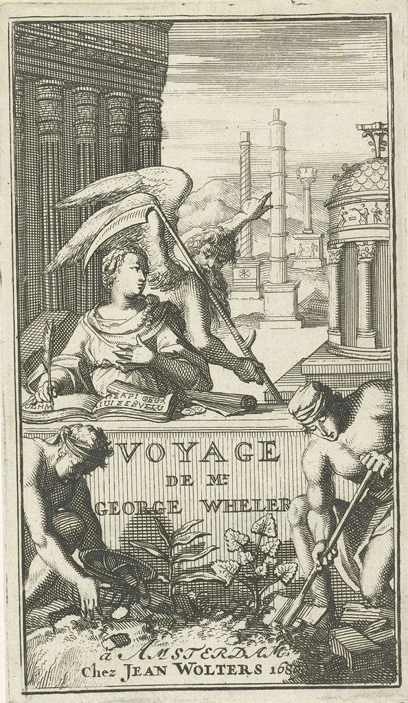 Detail of Father Time pointing out classic monuments to a woman who is writing by Joannes Wolters