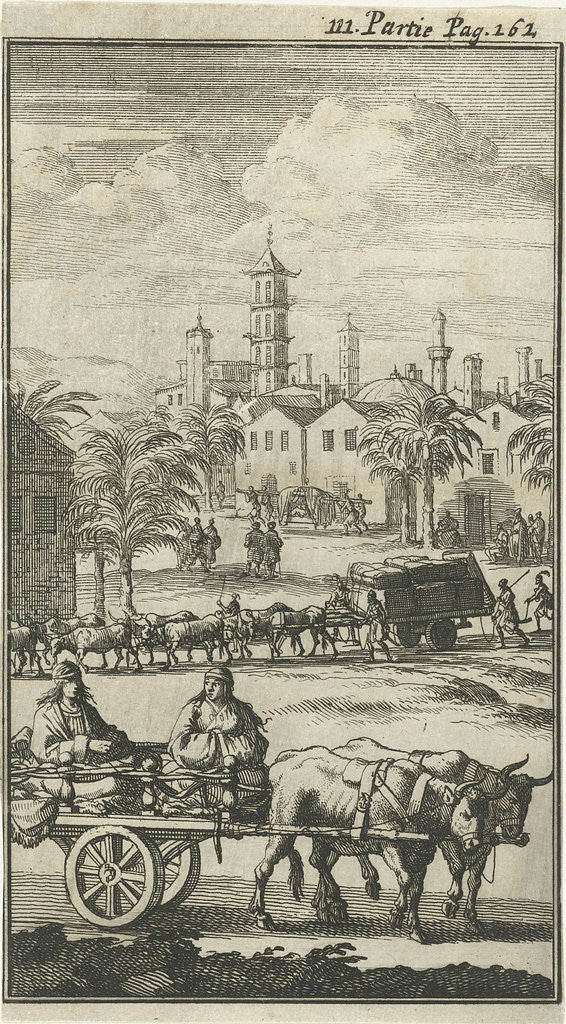 Detail of Oxen pulling carts laden with goods and people by Charles Angot