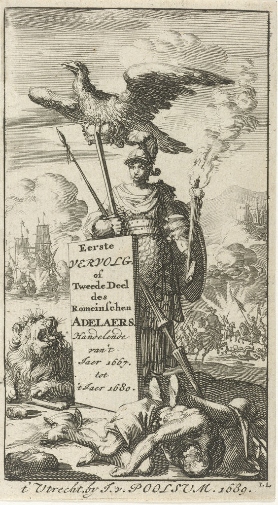 Detail of Bellona armed with sword and spear, above her an eagle flies with a crown in its clutches by Jurriaen van Poolsum