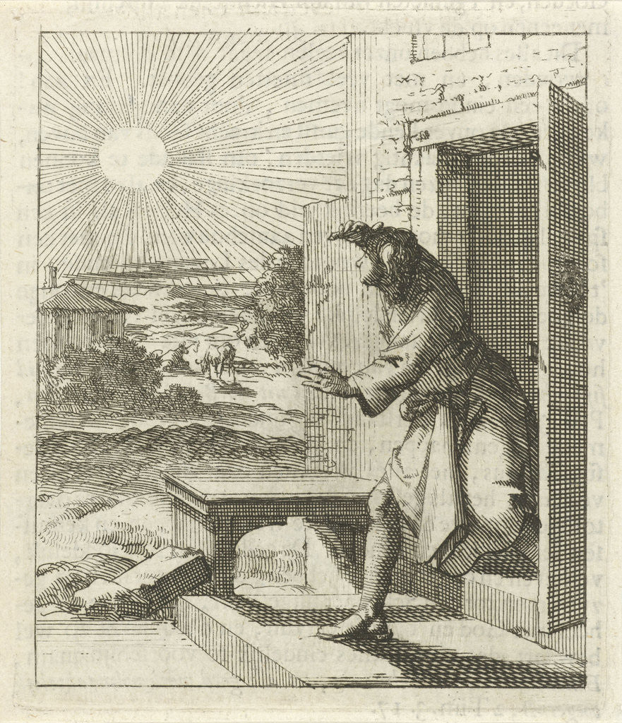 Detail of Man protects his eyes from the sun when he walks out by Pieter Arentsz II