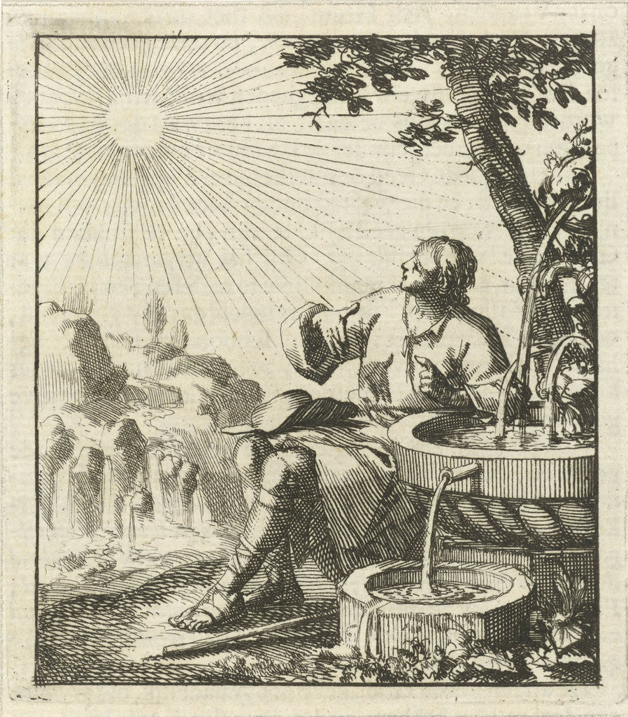 Detail of Man sitting next to a fountain, contemplating the sun by Pieter Arentsz II
