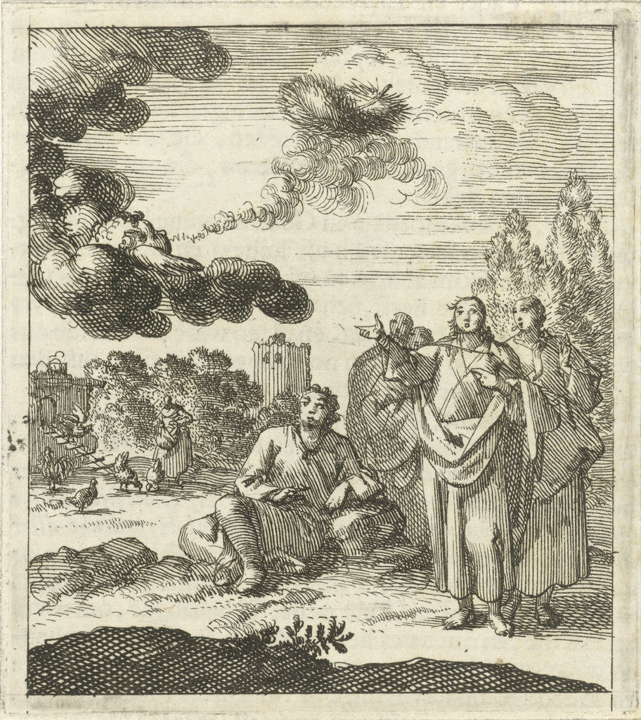 Detail of Five figures watch as a cherub from a cloud blows upwards by Pieter Arentsz II