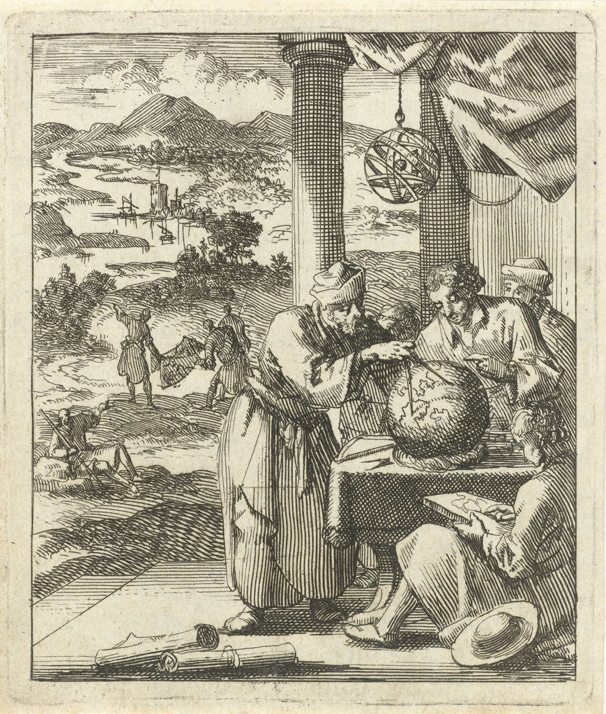 Detail of An elderly man makes for four young figures dimensions on a terrestrial globe by Pieter Arentsz II