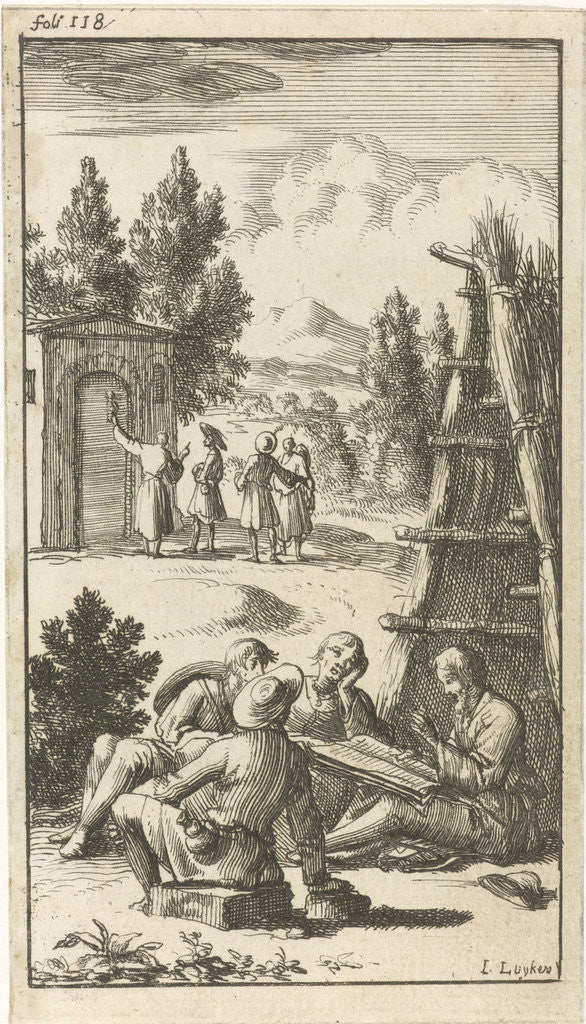 Detail of In front of a straw hut a man reads to three pilgrims by Johannes Boekholt