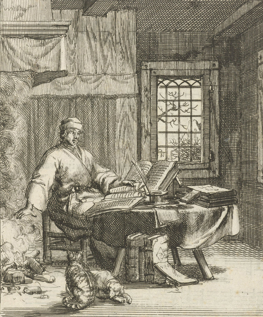 Detail of The writer Willem Sluiter sits at a table with folios and warms his hands by the fire by Gerbrandt Schagen