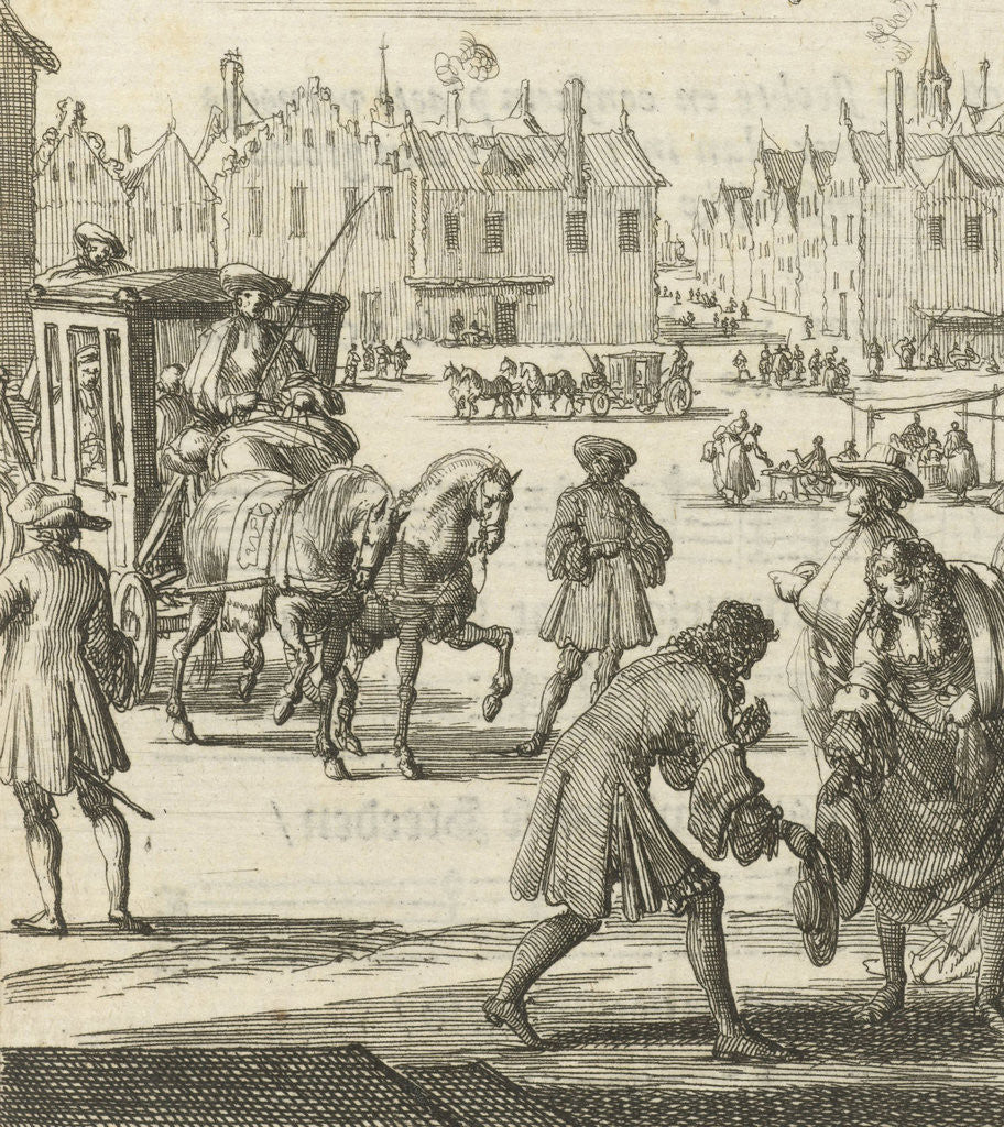 Detail of The city life that the writer Willem Sluiter had left: big square with carriage and different people by Gerbrandt Schagen