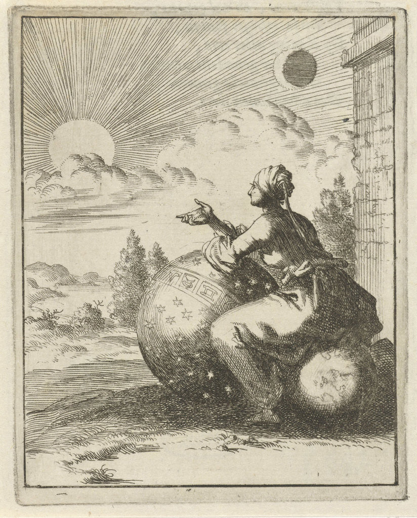Detail of Female looking, sitting on a globe and leaning on a celestial globe, the setting sun by Jan Luyken