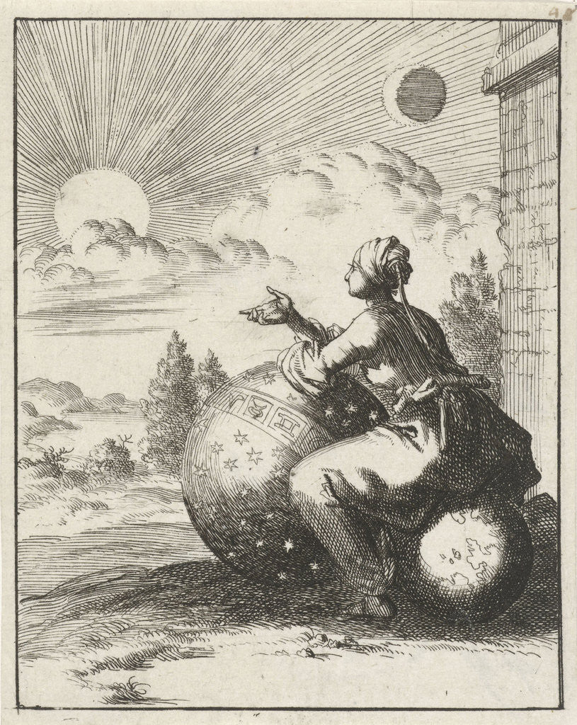 Detail of Female looking at the setting sun while sitting on a globe and leaning on a celestial globe, the setting sun by Pieter Arentsz II
