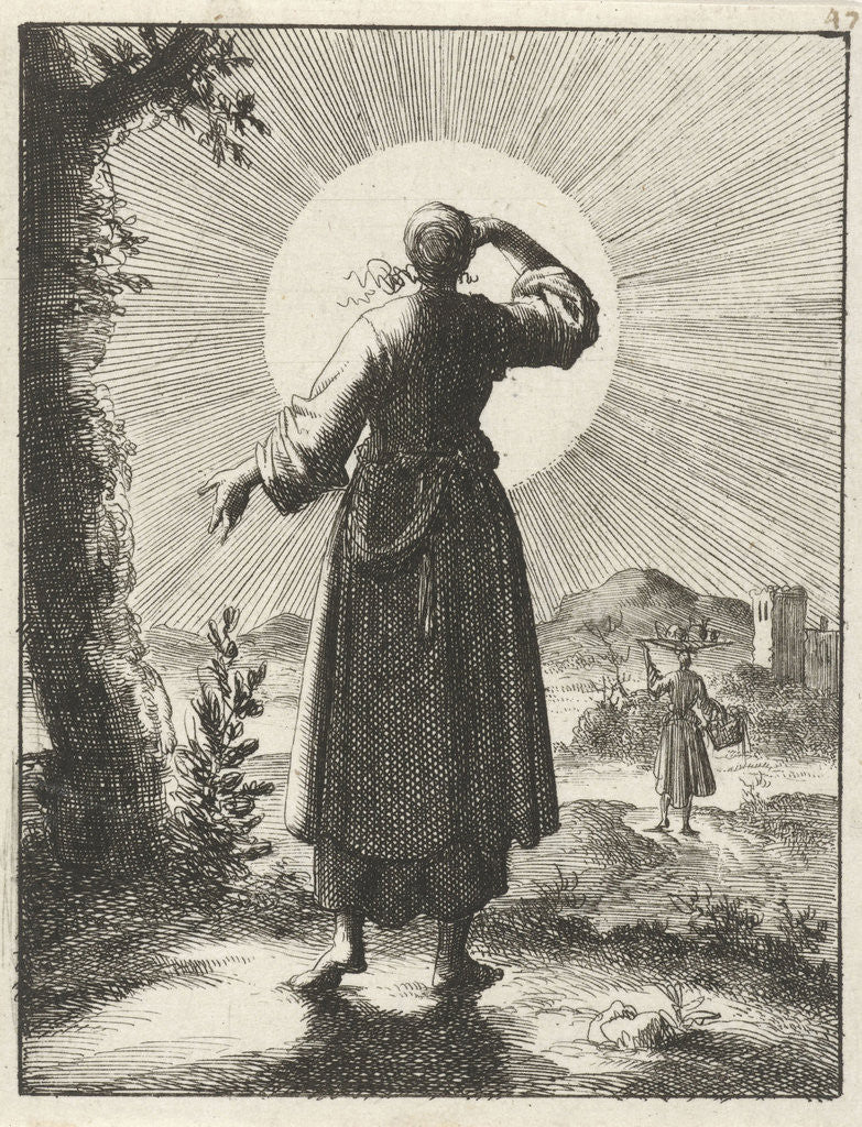 Detail of Woman holds her hand before her eyes while looking at the sun by Pieter Arentsz II