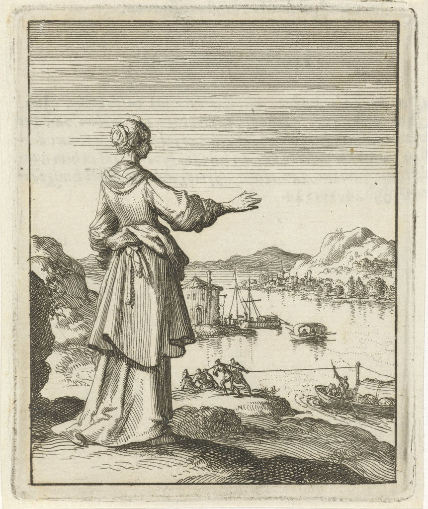 Detail of Woman overlooking a bay where a boat is pulled by a group of men by Pieter Arentsz II