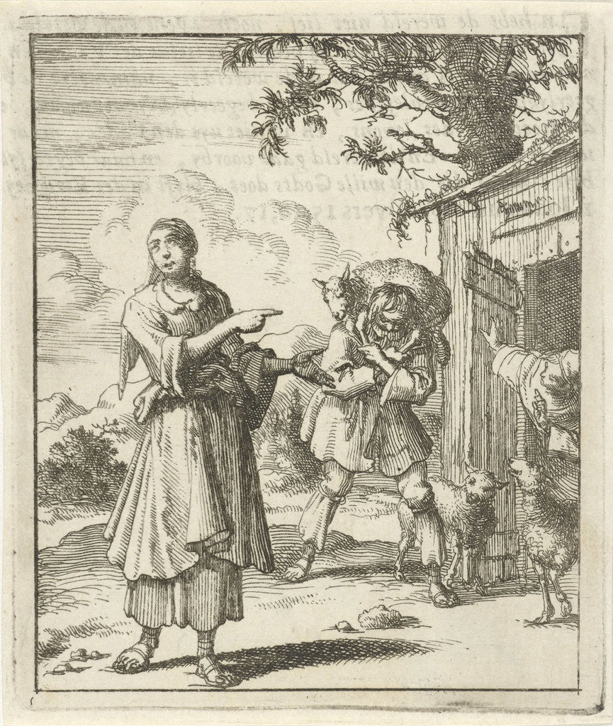 Detail of Woman pointing to a found sheep brought back to the stable on the shoulders of a man by Pieter Arentsz II