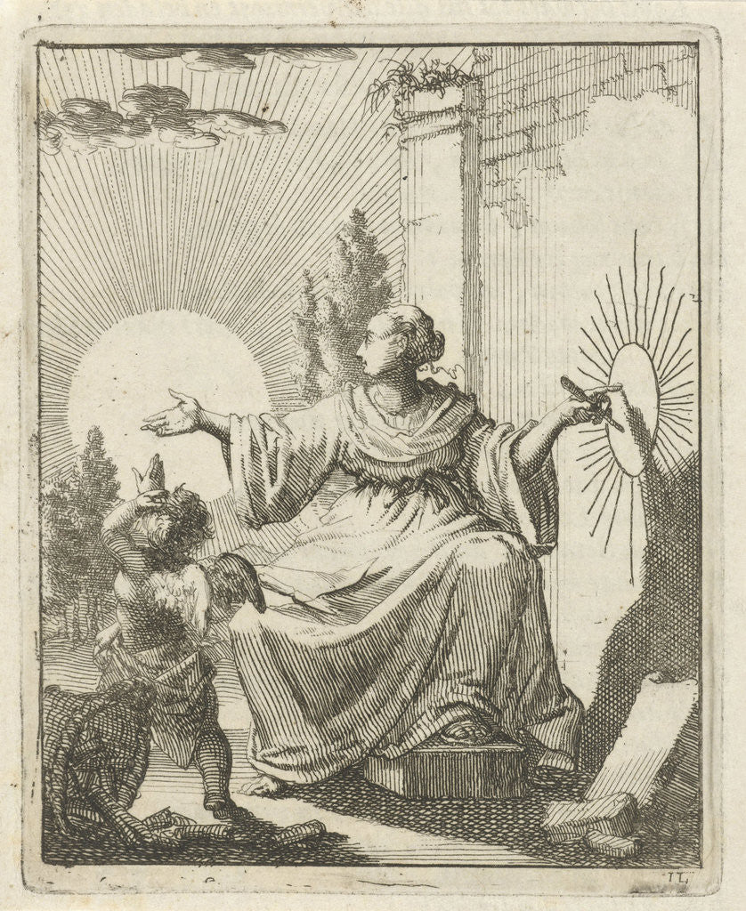 Detail of Female compares the sun with a drawing of the sun next to her on a wall by Pieter Arentsz II