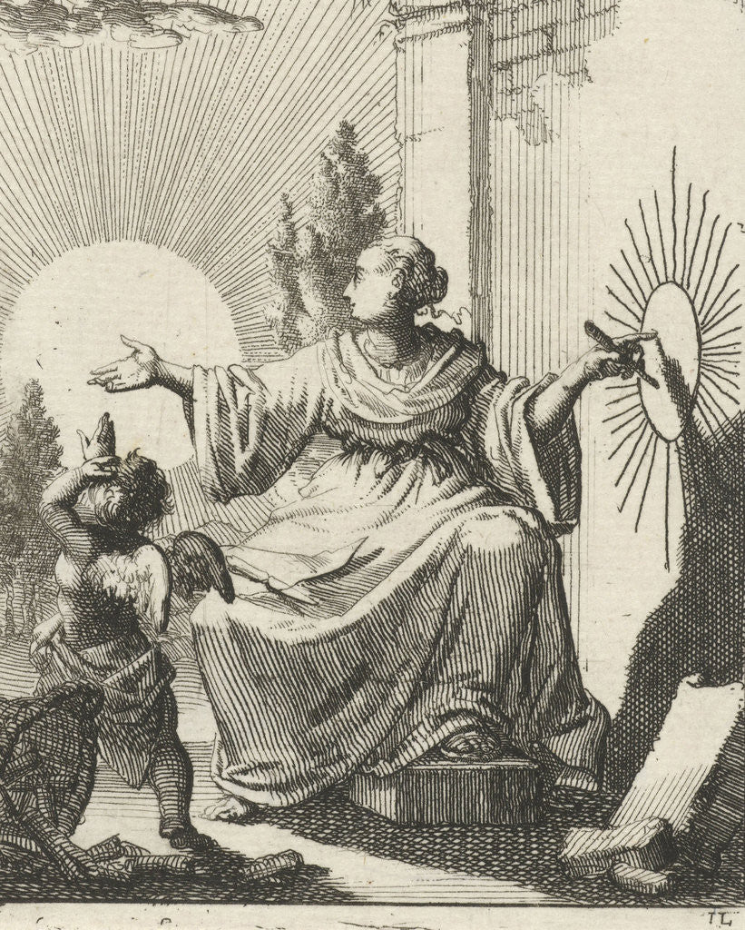 Detail of Female compares the sun with a drawing of the sun next to her on a wall by Pieter Arentsz II