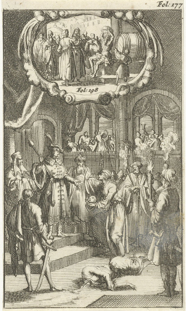 Detail of Nicephorus, Emperor of the Greeks, conquered by the Wallachen and beheaded / Diogenes showers in winter with cold water by Johannes Boekholt