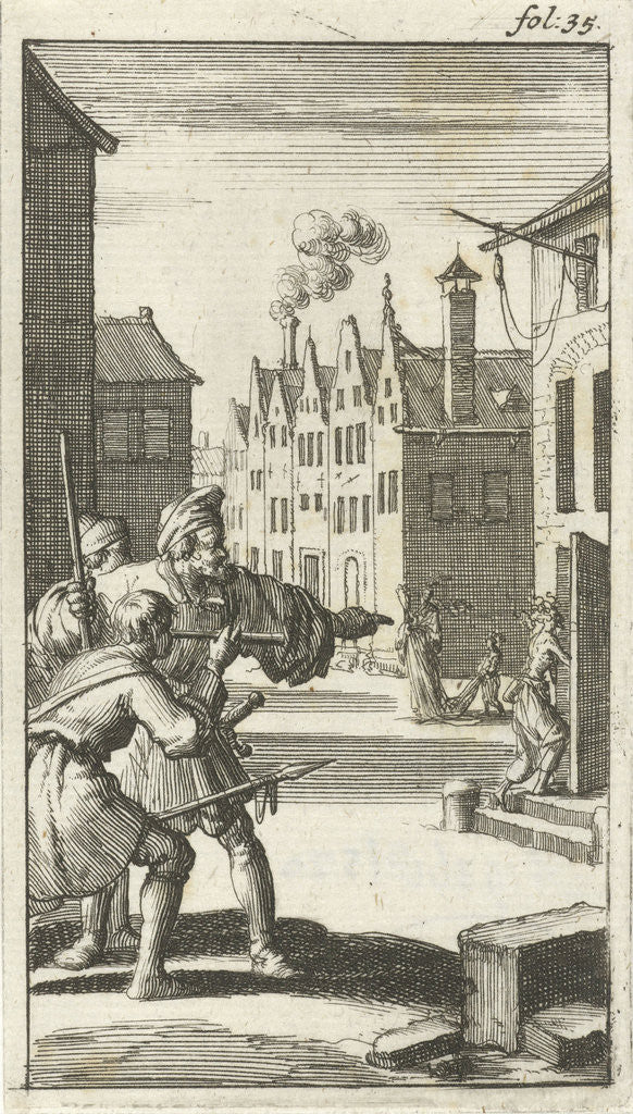 Detail of Three men see Sin enter a house by Abraham Boekholt