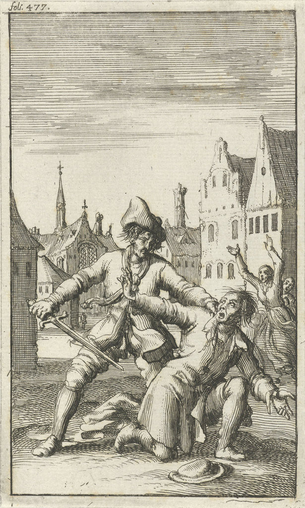 Detail of Unarmed man is threatened in the street by a man with a sword by Jan Bouman