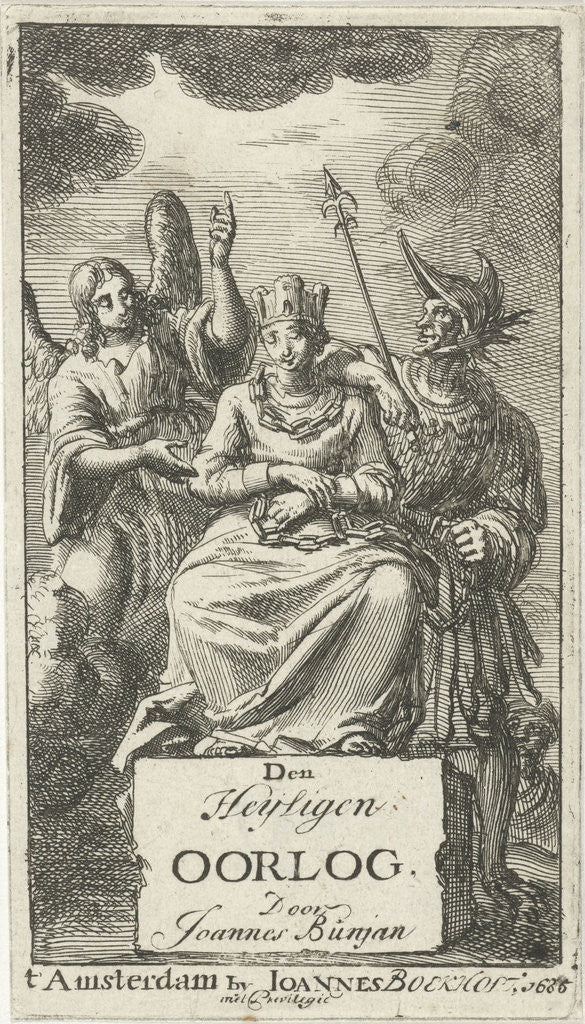 Detail of Garland and chained woman flanked by an angel and a soldier by Johannes Boekholt
