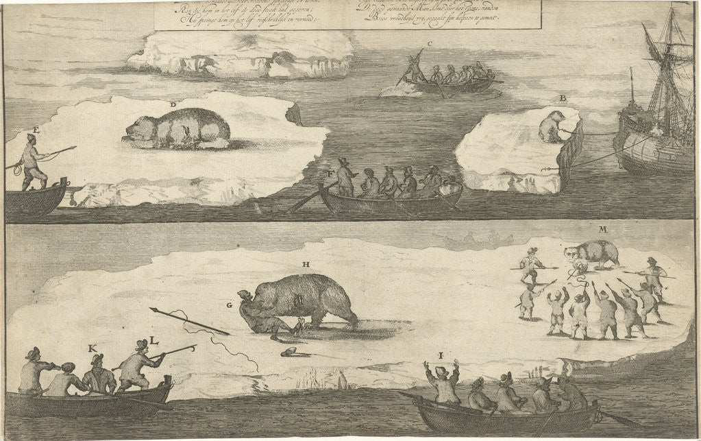 Detail of Hunting a polar bear, polar bear attacks a man by Jan Luyken