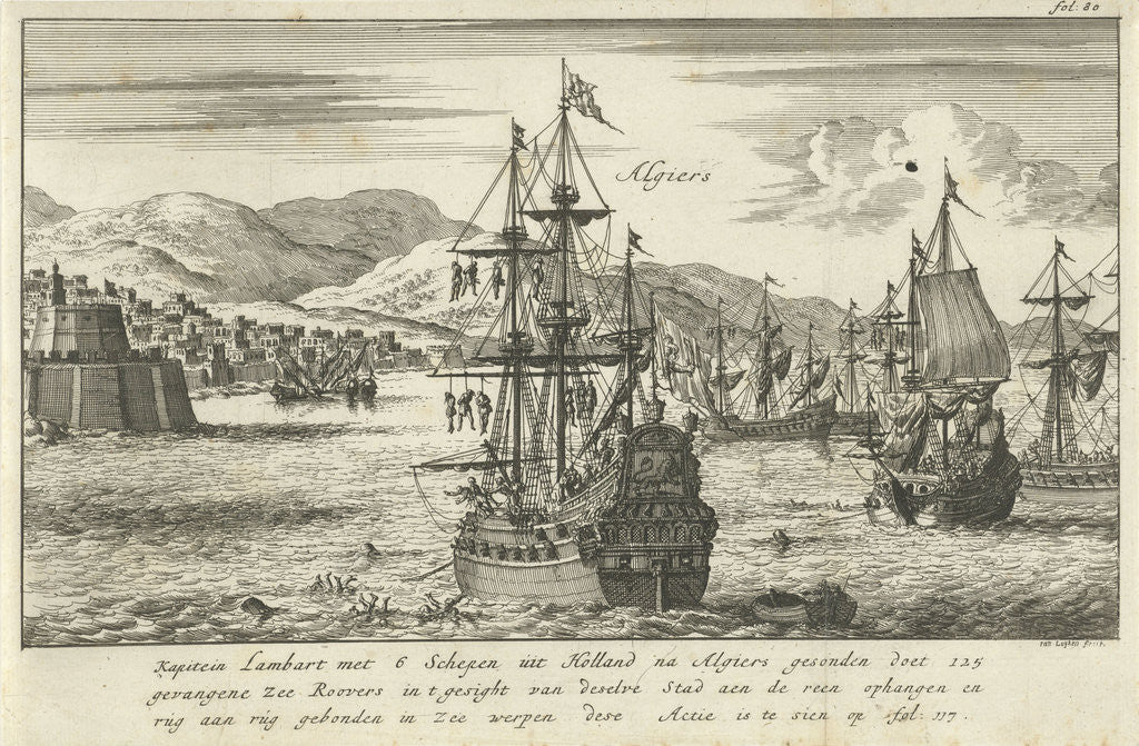 Detail of Captain Lambert Hendrikszoon hangs 125 pirates from the yards of his ships or throws them into the sea off the port of Algiers by Jan Claesz ten Hoorn