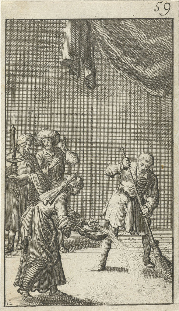 Detail of Christian watches as a man and woman are cleaning the floor by Johannes Boekholt