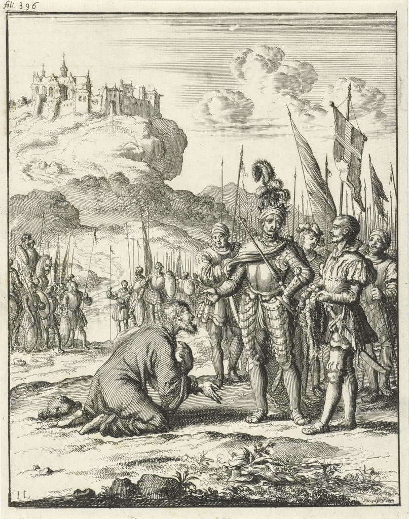 Detail of Isaac Komnenos of Cyprus is kneeling in front of Richard the Lionheart by Timotheus ten Hoorn