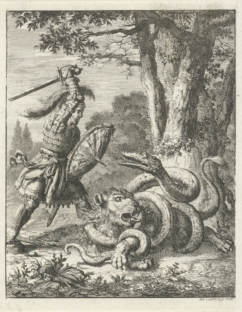 Detail of Godfrey of Bouillon free a lion from the stranglehold of a snake by Jan Luyken