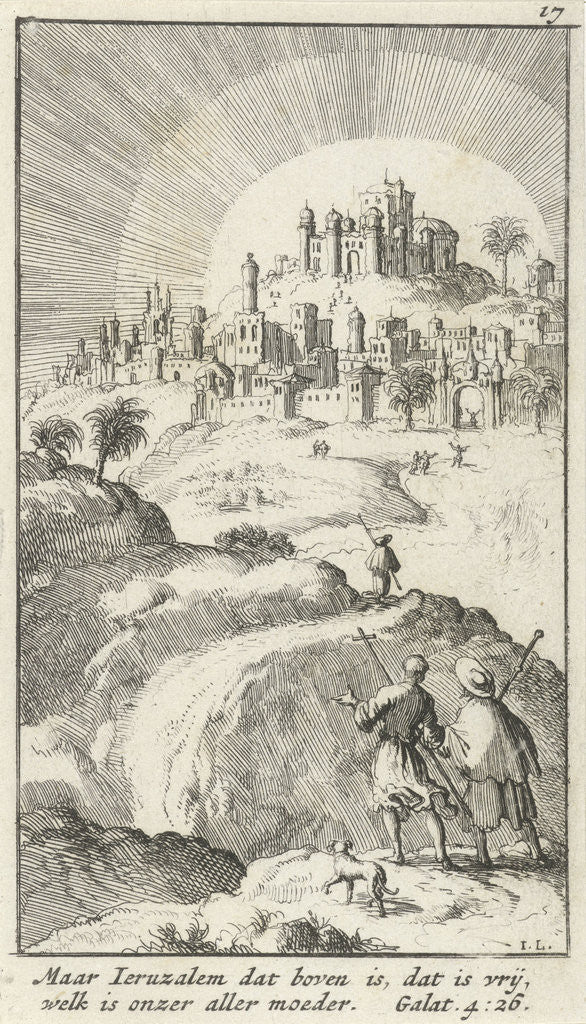 Detail of Pilgrims climb to an upper town behind which the sun shines by Jan Rieuwertsz.