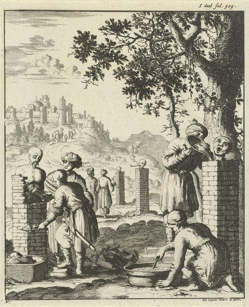 Detail of Thieves and swindlers punishment bricked by Jan Luyken